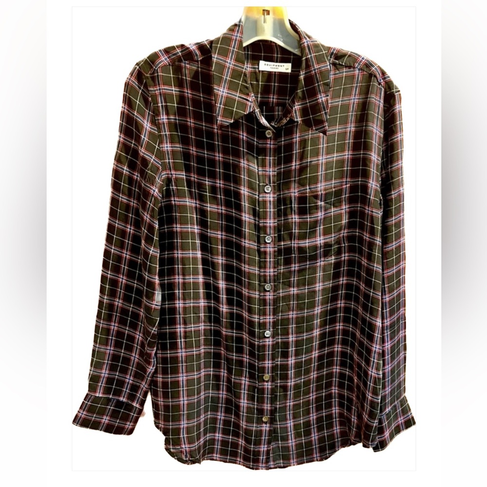 EQUIPMENT FEMME 100% Silk Plaid Classic Fit Button Down Shirt Petite Small